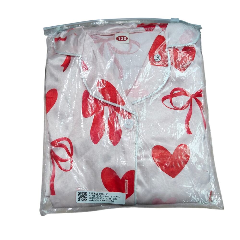 Satin Pink Heart Bow Printed Pajama Set Feather Cuffs Girl Kids 130